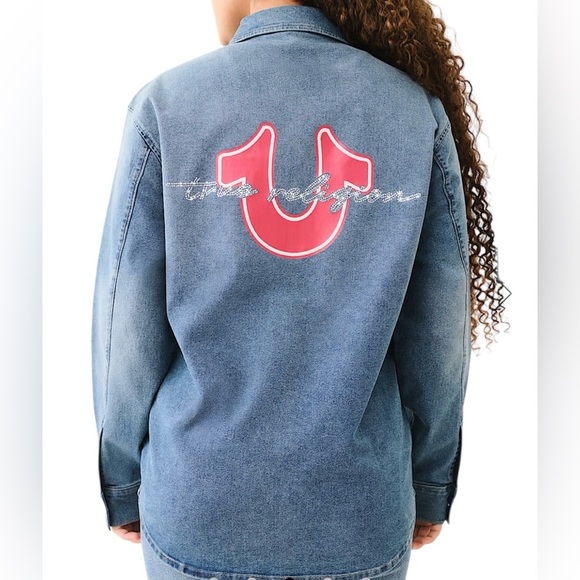 True Religion Tops - True Religion Oversized Denim Button up Shirt Crystal logo Women’s M NWT Western